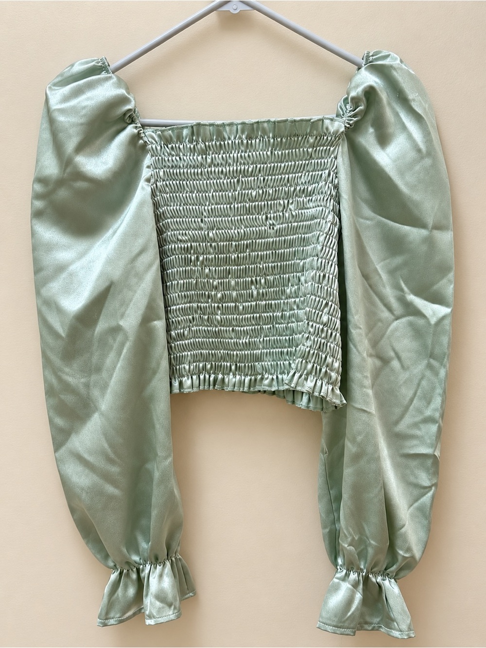 Satin Smocked Puff-Sleeve Crop Top in Sage Green